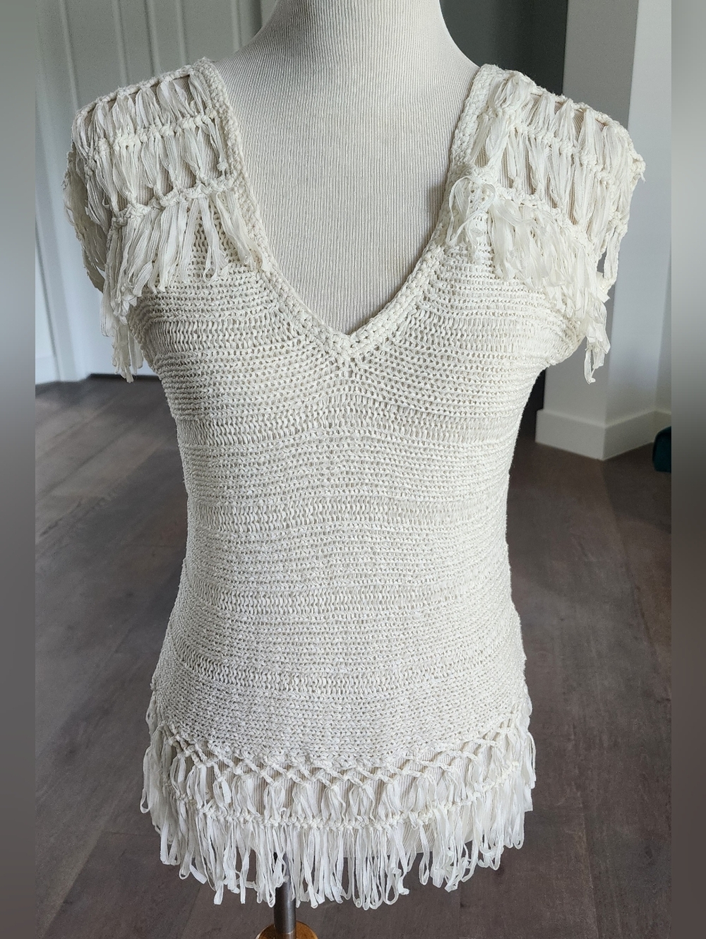 Jonathan Simkhai Women's Off White Mesh Knit Fringe Top S Beach Coverup